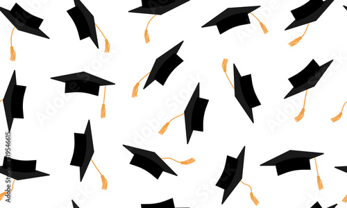 Seamless pattern of flying black square academic caps with gold tassel. Graduation. Beautiful mortarboard. Vector illustration.