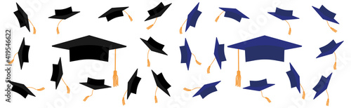 Mortarboard icons, graduate cap in black and blue color with gold tassel. Throwing square academic caps, set. Vector illustration