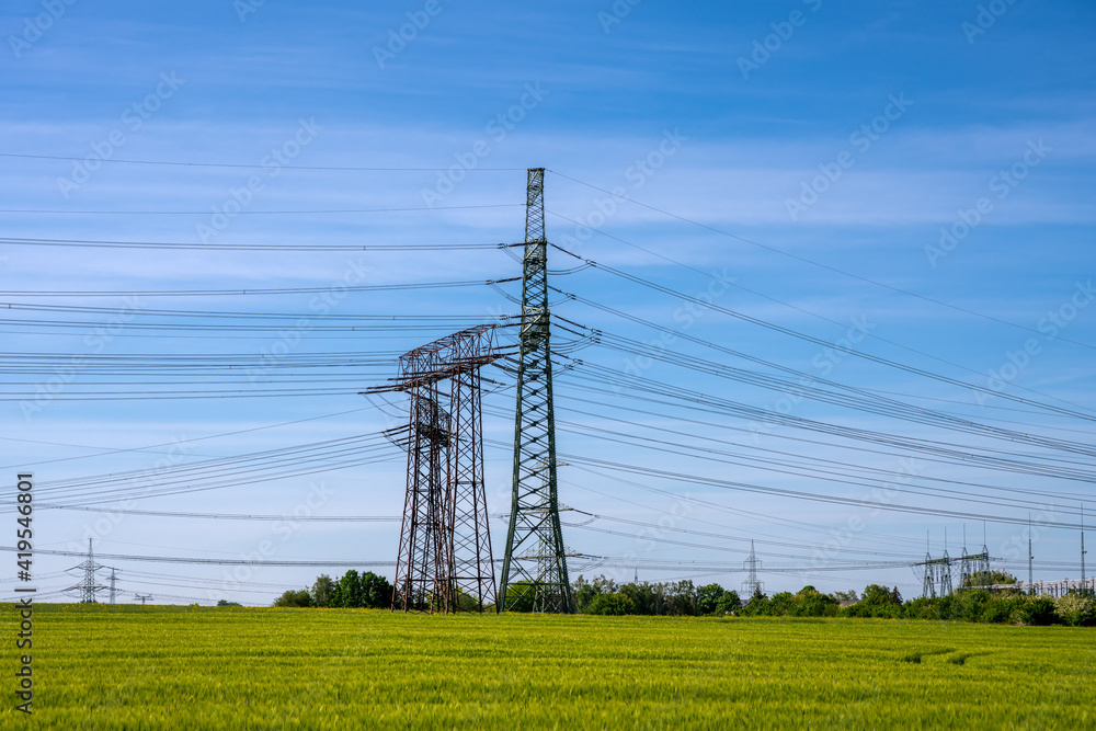 Power lines and electricity pylons seen in Germany