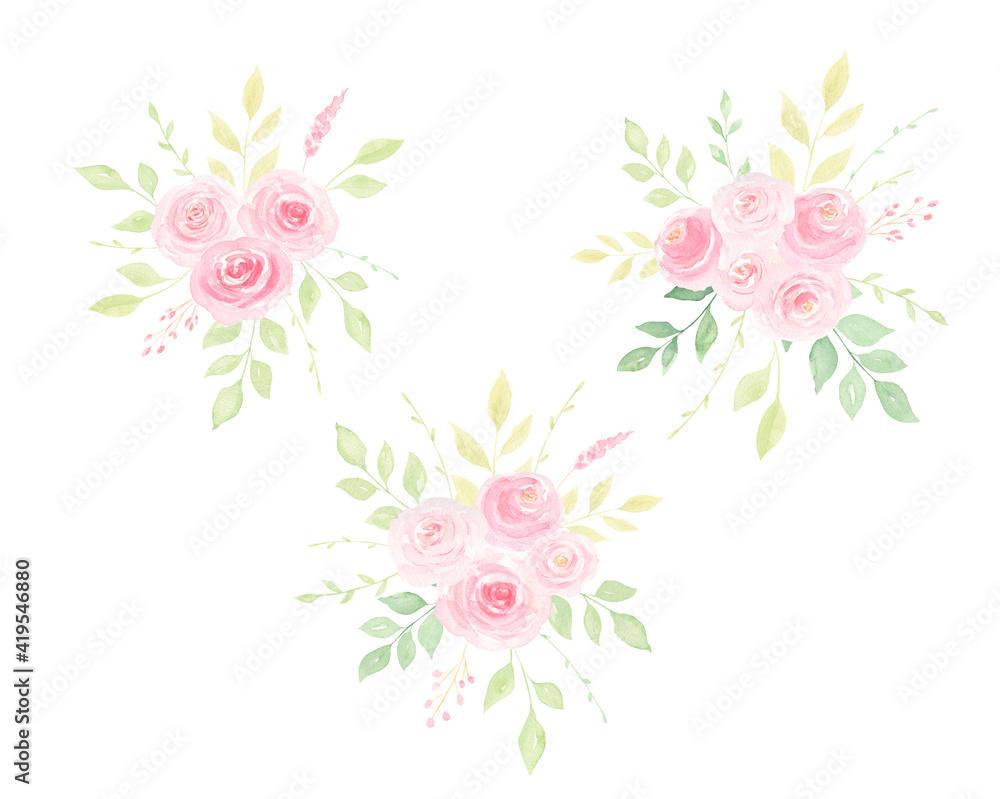 Watercolor hand-painted pink loose roses and greenery bouquet isolated on white background. Spring, summer floral arrangement for wedding invitations, cards, frames, designs. Watercolor hand-painted pink loose roses and greenery bouquet isolated on white background. Spring, summer floral arrangement for wedding invitations, cards, frames, designs.