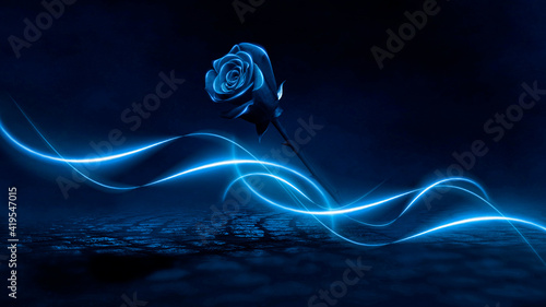 Neon rose in a flask. Dark ...