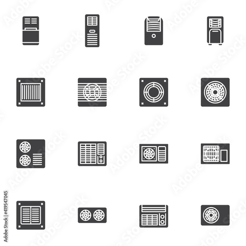 Air conditioner system vector icons set, modern solid symbol collection, filled style pictogram pack. Signs, logo illustration. Set includes icons as heating and cooling, portable AC, air ventilation