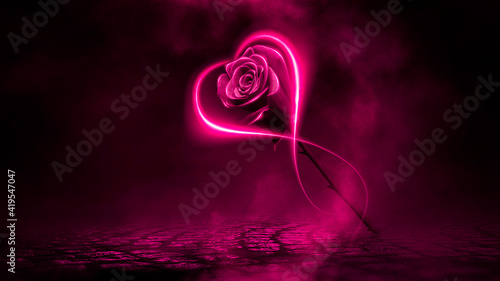 Neon rose and rays. Dark ni...