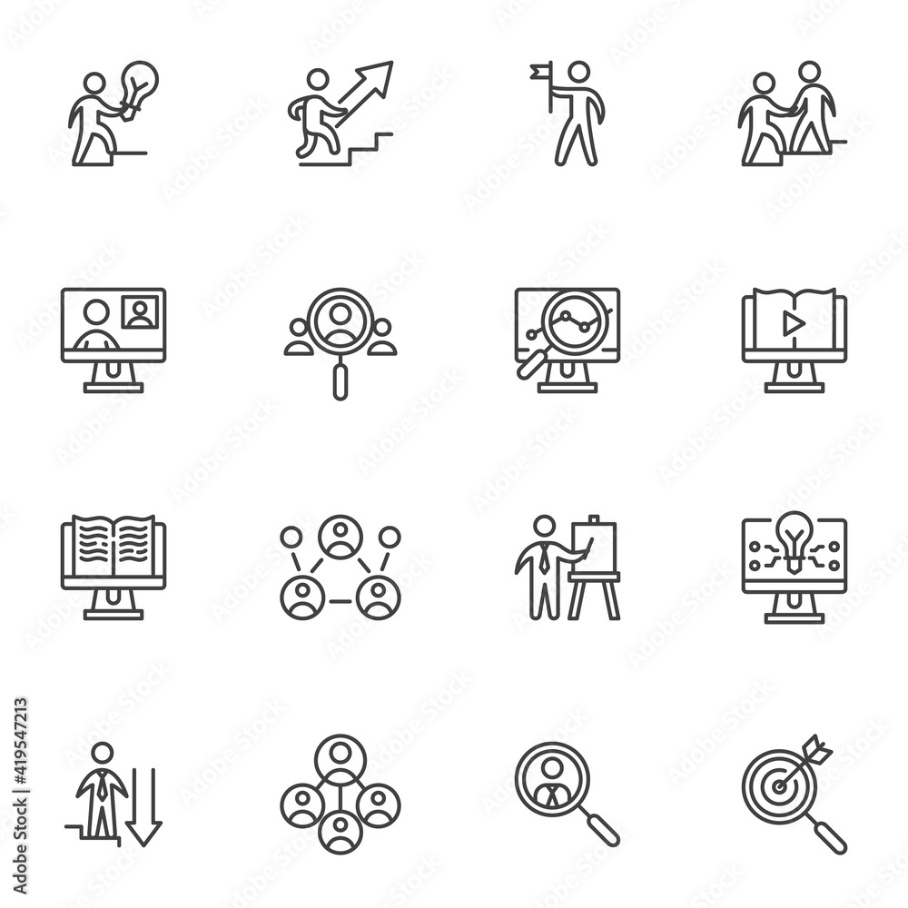 Business strategy line icons set, outline vector symbol collection, linear style pictogram pack. Signs, logo illustration. Set includes icons as business planning, online conference, presentation