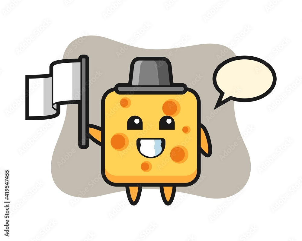 Cartoon character of cheese holding a flag