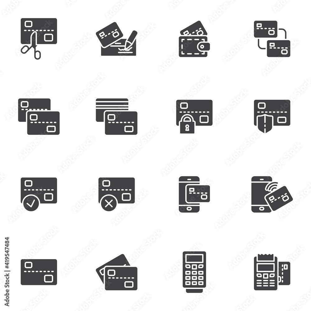 Credit card payment vector icons set, modern solid symbol collection, filled style pictogram pack. Signs, logo illustration. Set includes icons as bank check signature, wireless payment, ATM machine