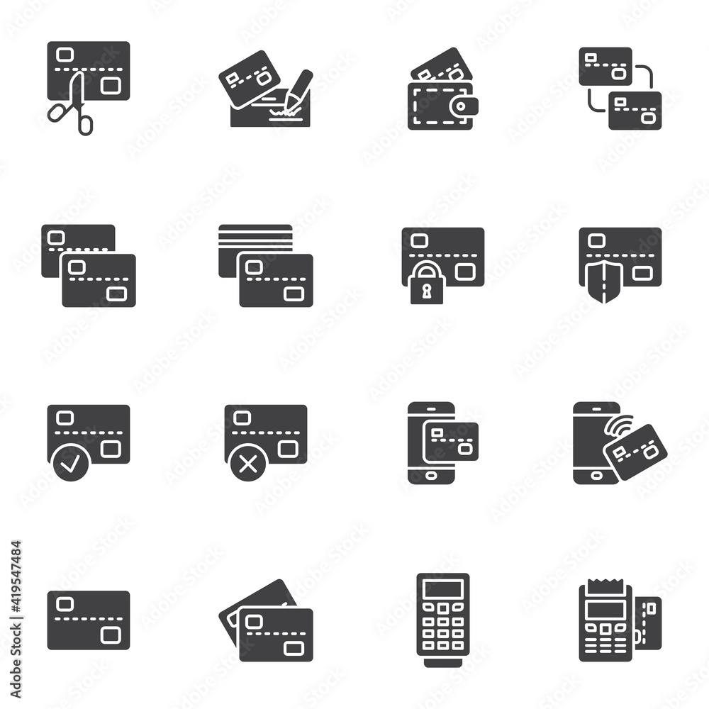 Credit card payment vector icons set, modern solid symbol collection, filled style pictogram pack. Signs, logo illustration. Set includes icons as bank check signature, wireless payment, ATM machine Credit card payment vector icons set, modern solid symbol collection, filled style pictogram pack. Signs, logo illustration. Set includes icons as bank check signature, wireless payment, ATM machine