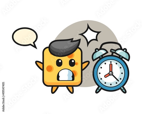 Cartoon illustration of cheese is surprised with a giant alarm clock