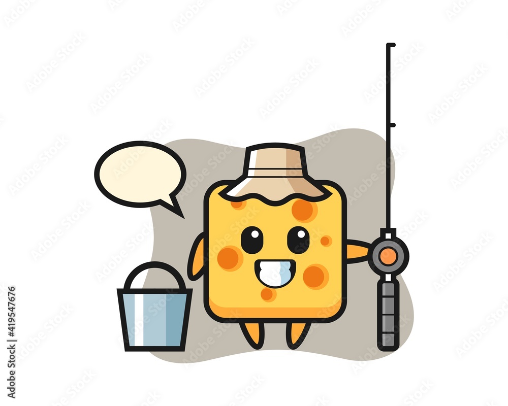 Mascot character of cheese as a fisherman