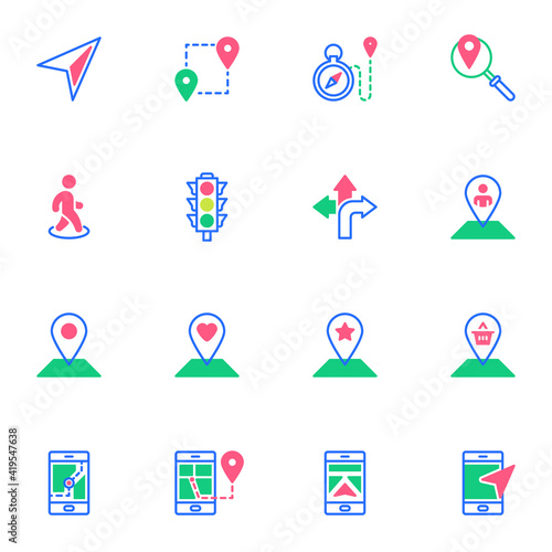 Smartphone gps navigator flat icons set, Colorful symbols pack contains - smartphone navigation, cursor arrow, destination point, traffic light, map marker. Vector illustration. Flat style design
