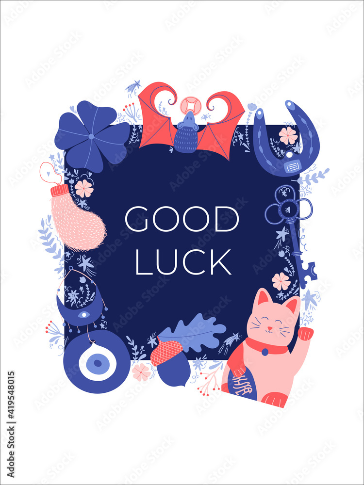 Lucky charms, symbols, amulets, talismans. Good luck symbols banner