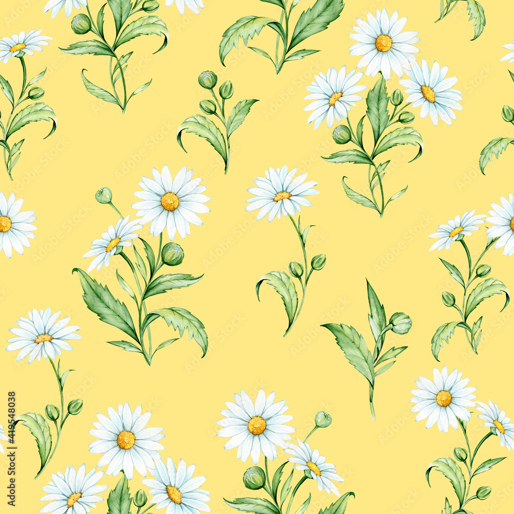 Chamomile, a flower drawn by hand in watercolor. Seamless pattern on a yellow background.