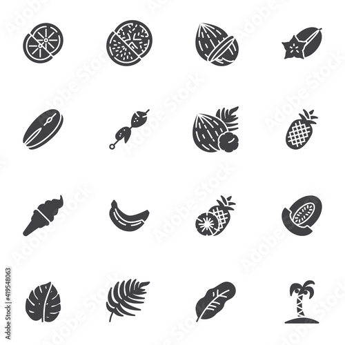 Summer food vector icons set, modern solid symbol collection, filled style pictogram pack. Signs, logo illustration. Set includes icons as fruit and vegetables, pineapple, ice cream, banana, barbecue