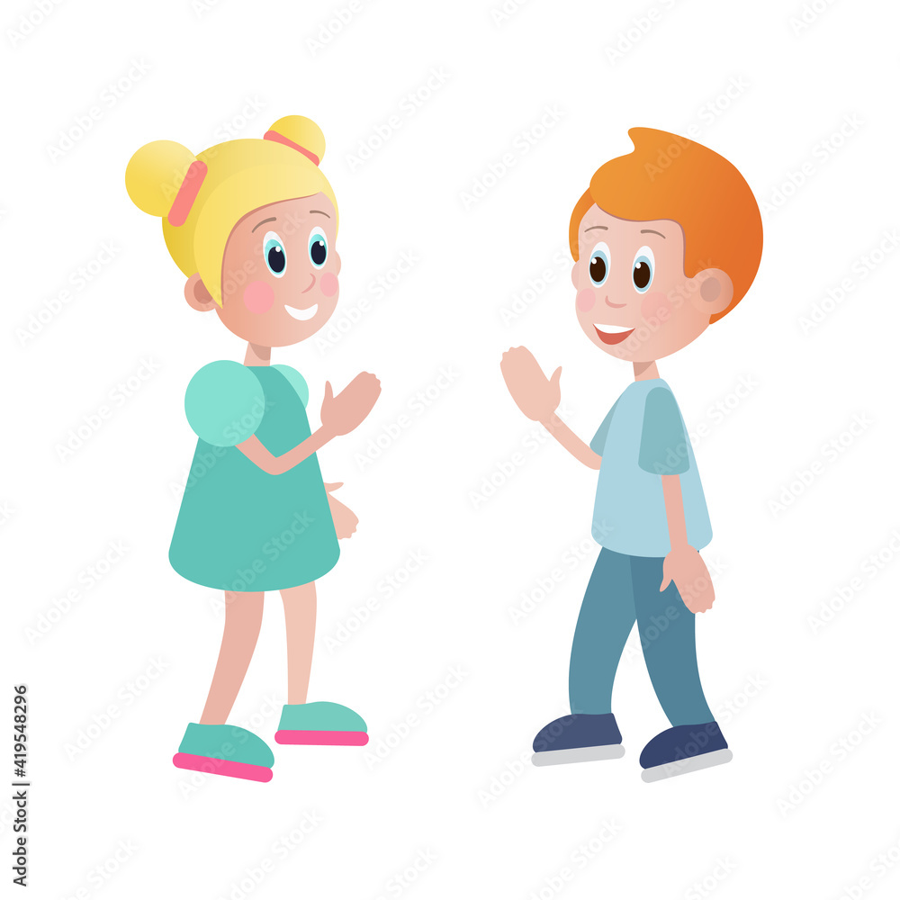 A boy and a girl say hello and get acquainted can be used as a card for visual instruction in teaching children with delayed speech development with autism to communicate in society.