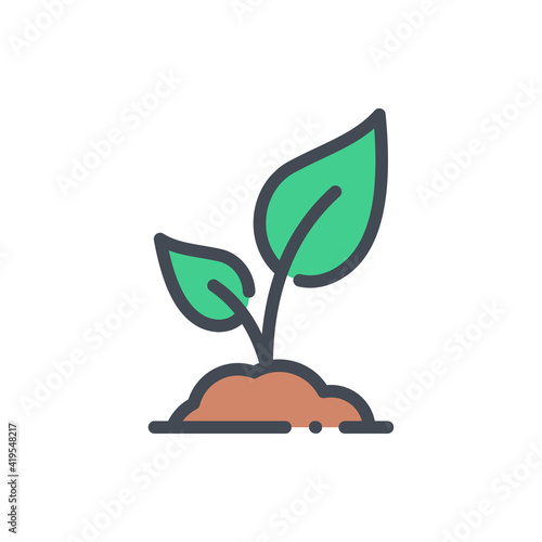 Sprout plant in soil with leaves color line icon. Seedling vector outline colorful sign.