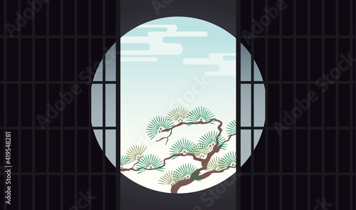 Japanese traditional pine tree view from shoji round window vector illustration