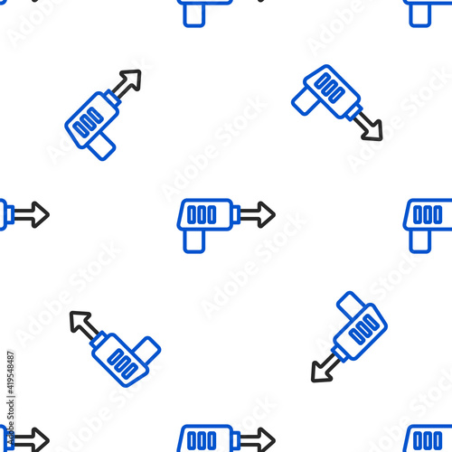 Line Fishing harpoon icon isolated seamless pattern on white background. Fishery manufacturers for catching fish under water. Diving underwater equipment. Colorful outline concept. Vector.