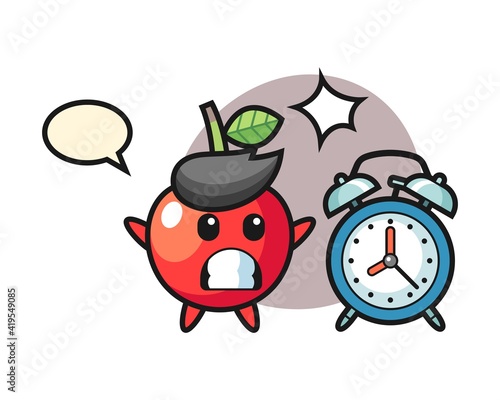 Cartoon illustration of cherry is surprised with a giant alarm clock