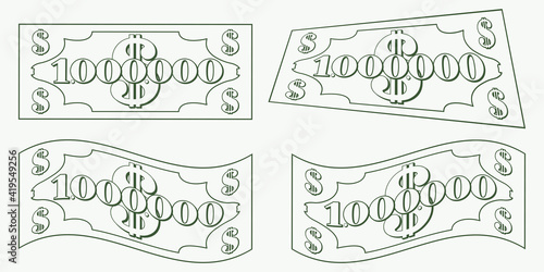 Set of curved contours of one million dollar banknotes on white background