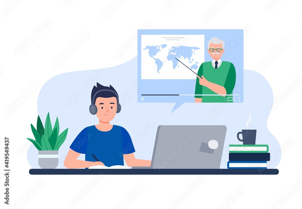 A Boy Learns Remotely From Home. Homeschooling by a Tutor or Online Teacher. Isolation at Home During the Coronavirus Epidemic. Vector Flat Illustration. A Boy Learns Remotely From Home. Homeschooling by a Tutor or Online Teacher. Isolation at Home During the Coronavirus Epidemic. Vector Flat Illustration.