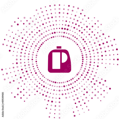 Purple Plastic bottles for laundry detergent, bleach, dishwashing liquid or another cleaning agent icon isolated on white background. Abstract circle random dots. Vector Illustration.