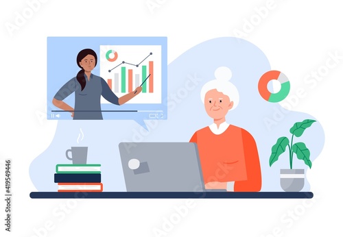 An Old Woman Watches Online Course. Online Education, E-learning, Studying at Home, Tutorials. Vector Flat Illustration.