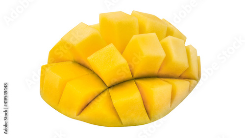 Mango cut into cubes, isolated on white background with clipping path, element of packaging design.