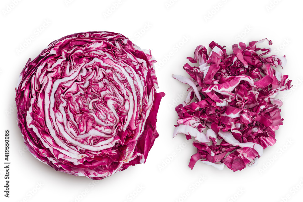Fresh red radicchio salad chopped isolated on white background with clipping path and full depth of field. Top view. Flat lay Fresh red radicchio salad chopped isolated on white background with clipping path and full depth of field. Top view. Flat lay