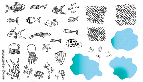 Set of sea animals. Abstract fishes and fishing net, jellyfish, seaweed, coral, starfish, blue spots. Vector illustration. Can be used in colouring book for adults and children.