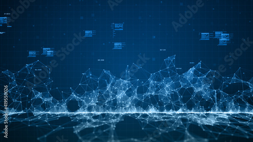 Blue digital cyberspace digital data network connections with lines and dots connection. Technology communication or Hi-Tech digital display holographic information background. 3d rendering