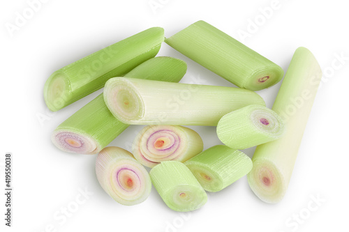 Fresh Lemongrass slices isolated on white background with clipping path. Top view. Flat lay