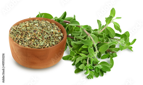 Oregano or marjoram leaves fresh and dry in wooden bowl isolated on white background with clipping path and full depth of field