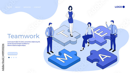 Teamwork.Business team concept.People collect puzzles.Cooperation and partnership.3d image.Isometric vector illustration.The landing page template.