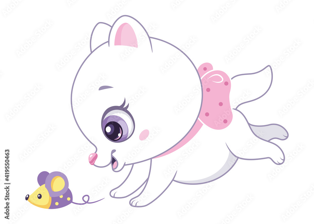 Little white cat playing with toy mouse. Cartoon vector illustration