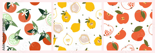 Fototapeta Naklejka Na Ścianę i Meble -  A set of artistic seamless patterns with abstract fruits. Flowers, simple shapes, leaves, tangerines, oranges, and pears, apples, citrus bright summer colors for prints, wallpaper, textiles. Vector.