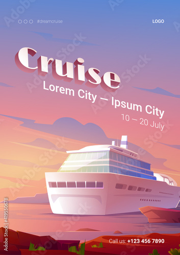Summer cruise poster with ship in ocean at sunset
