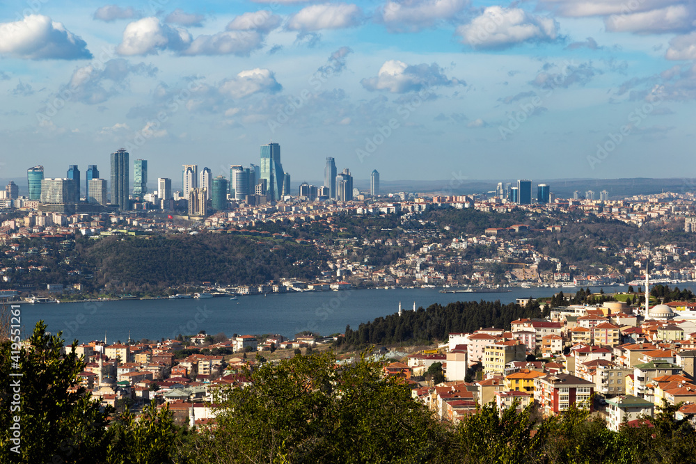 Panorama of european part of Istanbul with Bosphorus. Big city with skyscrapers.Turkey.