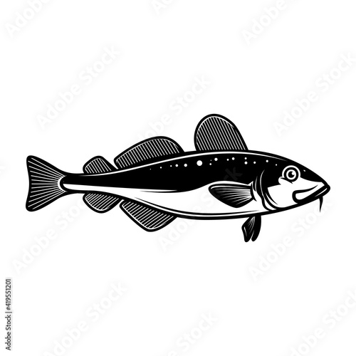 Illustration of cod fish. Design element for poster card, logo, emblem, sign. Vector illustration