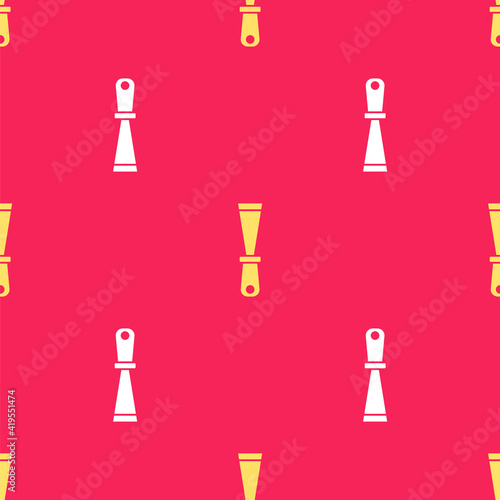 Yellow Putty knife icon isolated seamless pattern on red background. Spatula repair tool. Spackling or paint instruments. Vector.