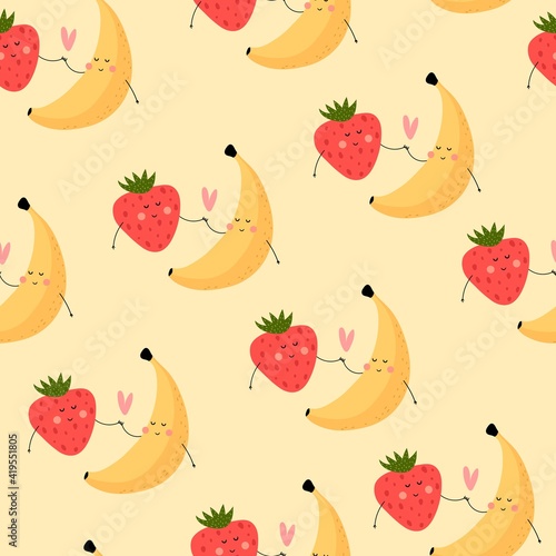 Seamless pattern with cartoon bananas, strawberries. vector flat style. hand drawing. design for fabric, textile, print, wrapper