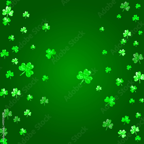 St patricks day background with shamrock. Lucky trefoil confetti. Glitter frame of clover leaves. Template for special business offer, banner, flyer. Irish st patricks day backdrop.