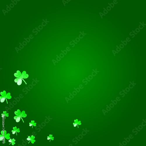 Saint patricks day background with shamrock. Lucky trefoil confetti. Glitter frame of clover leaves. Template for voucher  special business ad  banner. Merry saint patricks day backdrop.