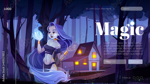 Magic banner with mystic girl in night forest