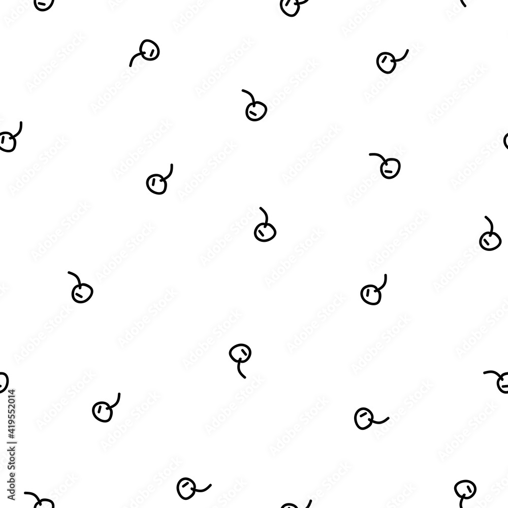Seamless pattern with hand drawn black cherries on white background.
