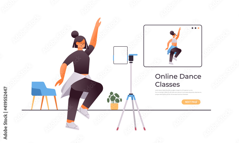 female dancer doing dancing exercises while watching online video training program with dance teacher workout concept isolated full length horizontal copy space vector illustration