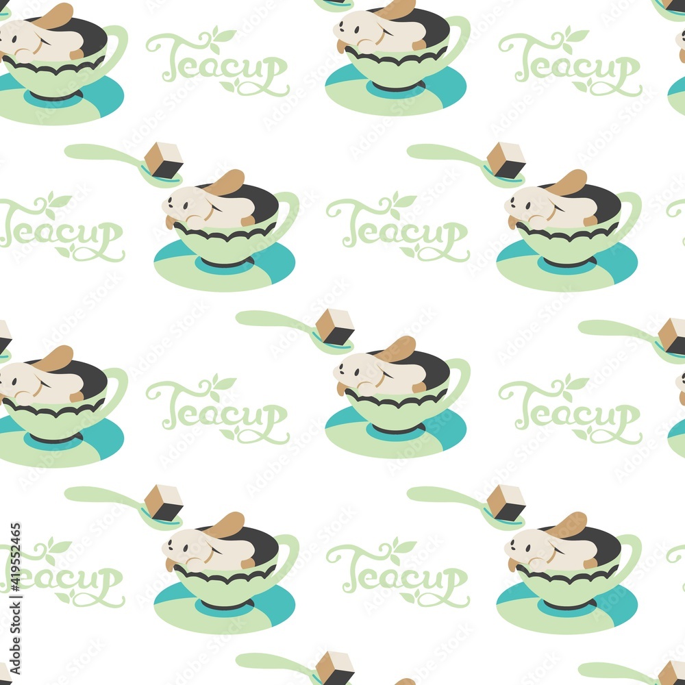 Fototapeta premium Rabbit in Tea Cup with A Spoon of Sugar Vector Graphic Seamless Pattern