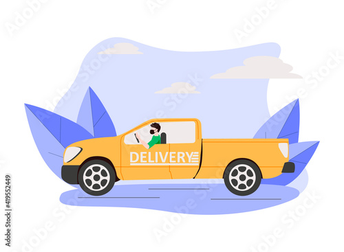 Online delivery service concept  online order tracking  delivery home and office. Warehouse  truck courier in respiratory mask. Vector illustration. Delivery driver driving bicycle with parcel