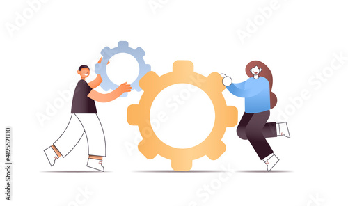 businesspeople couple holding cog wheel professional teamwork process cooperation concept full length horizontal vector illustration