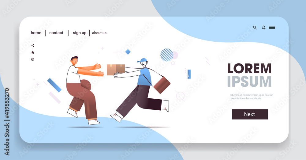 man accepting cardboard box from deliveryman customer taking parcel from courier express delivery service concept horizontal full length copy space vector illustration man accepting cardboard box from deliveryman customer taking parcel from courier express delivery service concept horizontal full length copy space vector illustration