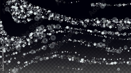 Christmas Vector Background with Falling Snowflakes  Isolated on Transparent Background. Realistic Snow Sparkle Pattern. Snowfall Overlay Print. Winter Sky. Realistic Snow. Happy Christmas, New Year.